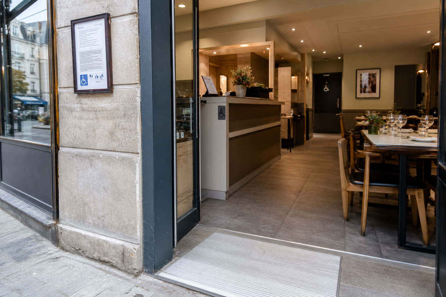 Entrée de restaurant français accessible avec rampe, comptoir d’accueil abaissé et circulation PMR dans un ERP en 2026