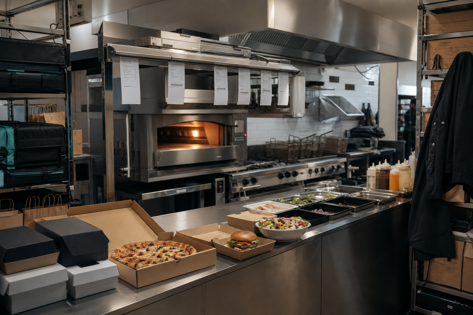 Cuisine professionnelle de dark kitchen multi-marques en France avec plusieurs postes de production et emballages de livraison, illustrant un modèle à plusieurs enseignes virtuelles.