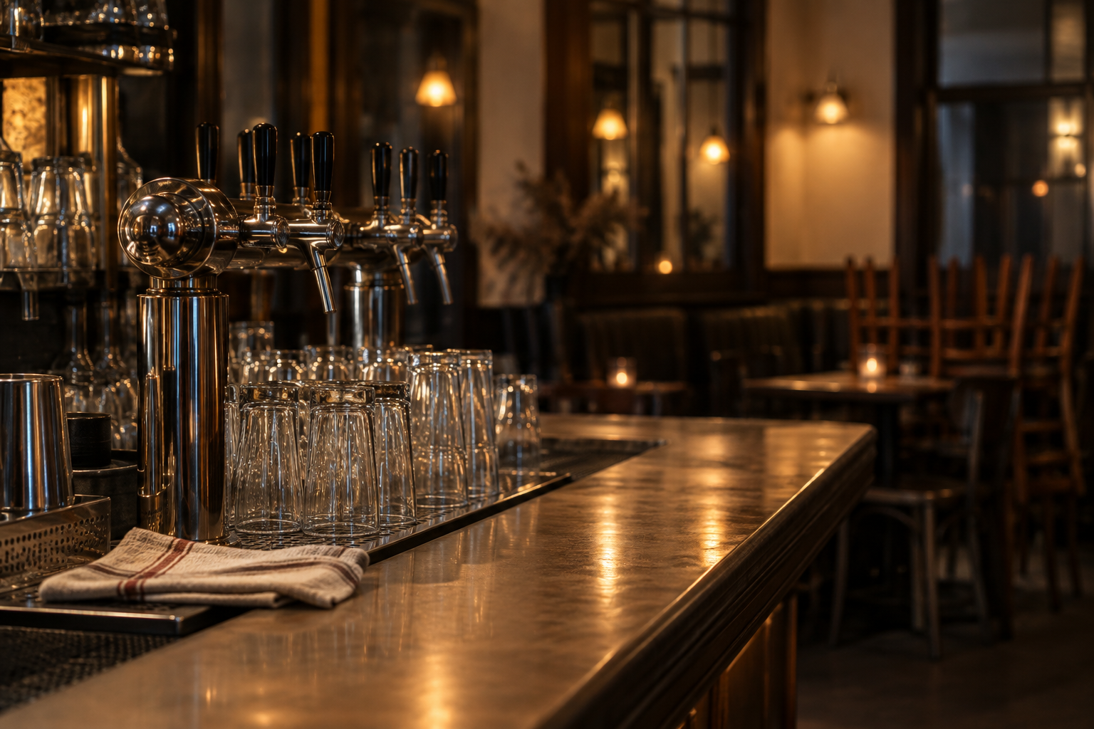 Comptoir d’un bar français avec tireuses à bière, verres rangés et salle vide au moment de préparer la fermeture.