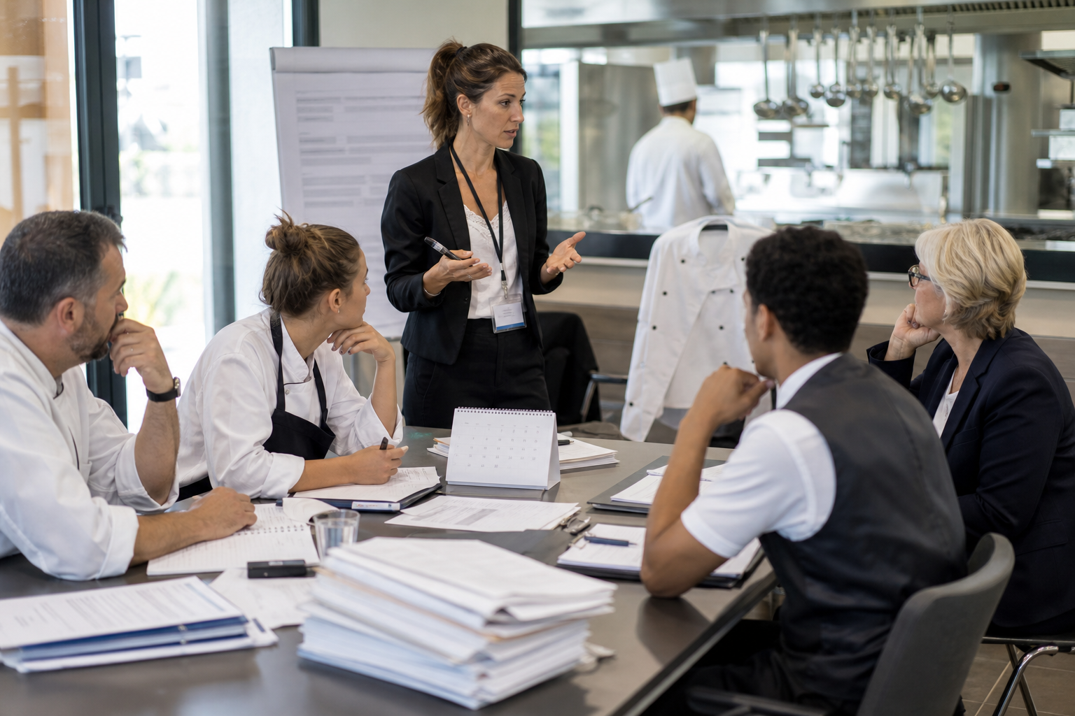Formation en salle sur le permis de former HCR avec tuteur, maîtres d’apprentissage et alternants, dans un environnement CHR professionnel avec cuisine en arrière-plan.