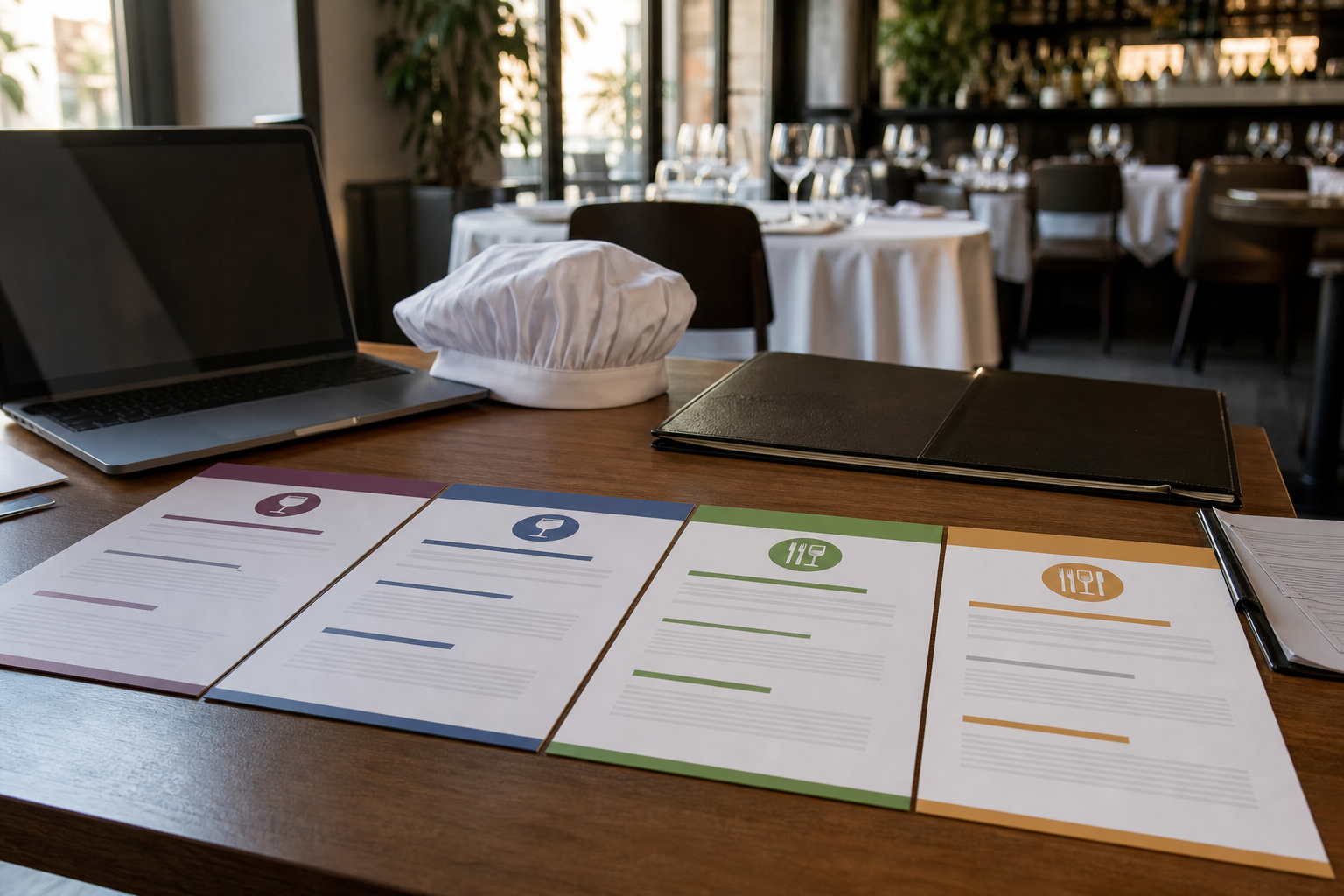 Vue éditoriale d’un dossier de comparaison des licences CHR sur une table de restaurant, avec documents abstraits, toque de chef, menu et salle dressée en arrière-plan.