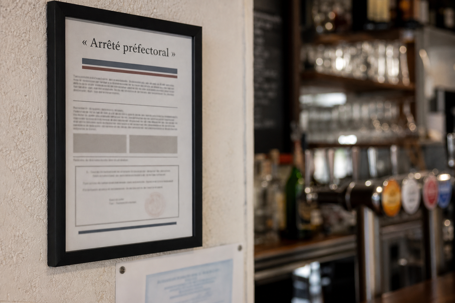 Affiche réglementaire encadrée dans un bar, avec comptoir et tireuses flous en arrière-plan à Lorient.