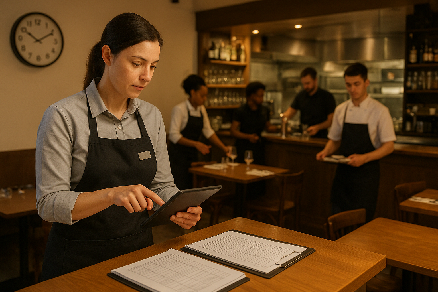 Manager en restaurant français vérifiant un planning sur tablette avec une équipe CHR en préparation de service en arrière-plan