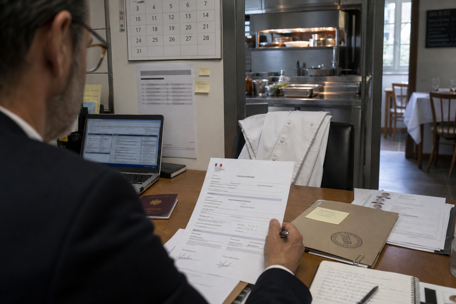 Bureau administratif d’un restaurant avec dossier d’autorisation de travail, ordinateur, veste de chef et cuisine professionnelle en arrière-plan