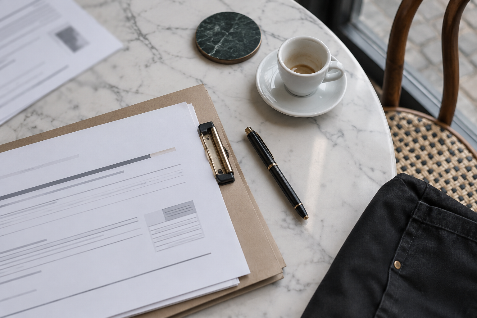 Dossier de déclaration de licence et stylo sur une table de bistrot en marbre, près d’une tasse et d’un tablier.