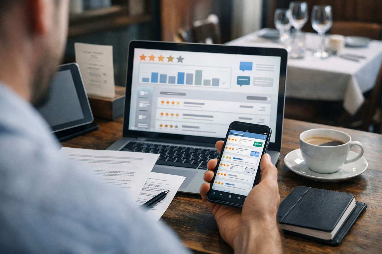 Manager de restaurant consultant des avis Google et TripAdvisor sur smartphone et ordinateur, avec interface d’e-réputation et salle de restaurant en arrière-plan.