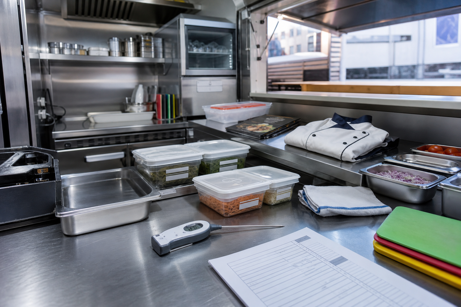 Préparation d’un audit HACCP dans une cuisine professionnelle de food truck et dark kitchen, avec matériel inox, thermomètre et check-list sanitaire avant ouverture.