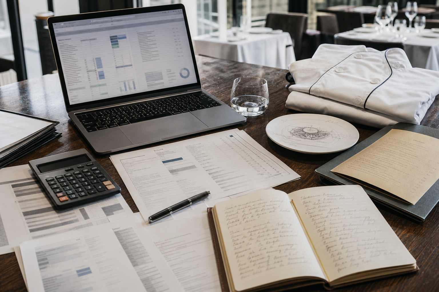 Vue plongeante d’un bureau CHR avec documents, calculatrice, ordinateur et éléments de cuisine pour illustrer le choix entre EI, SARL et SAS selon les cotisations, la protection sociale et la formation.