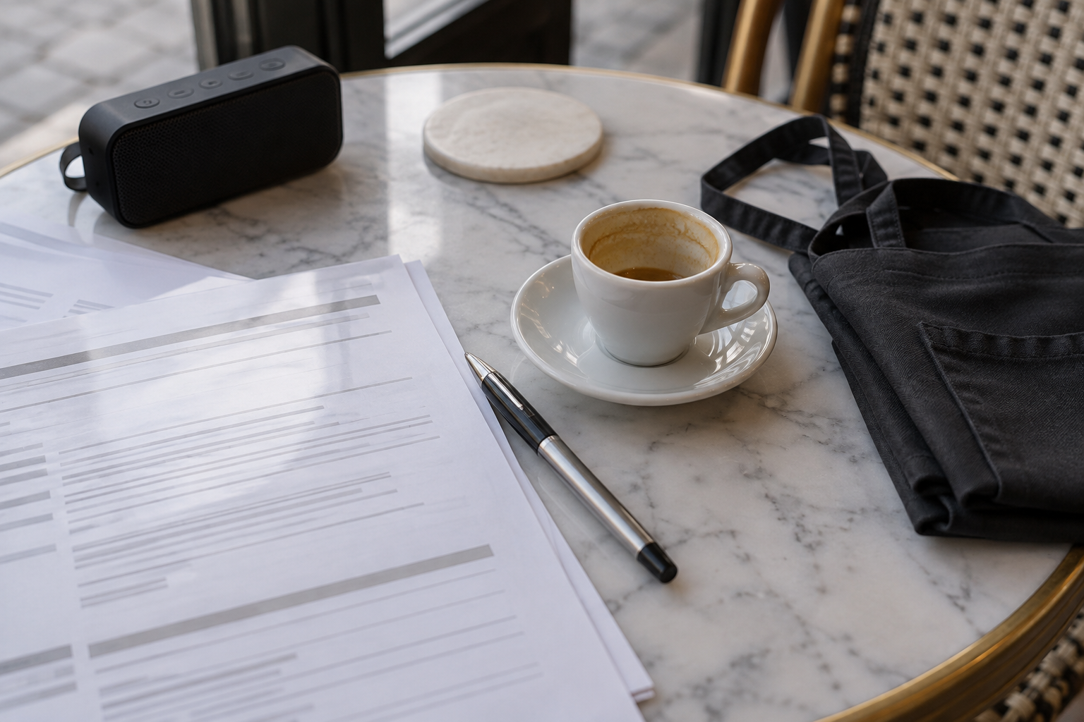 Dossier et stylo sur une table de café en marbre, avec une tasse à expresso et une enceinte pour une animation musicale.