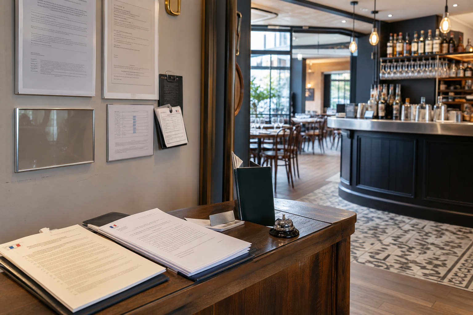 Restaurant-bar français avant ouverture avec comptoir, bouteilles, documents de licence flous et ambiance CHR, illustrant la FAQ sur le permis d’exploitation 2026.