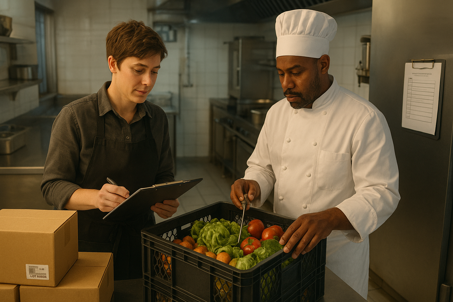 Futur exploitant de restaurant et chef en cuisine professionnelle contrôlant une livraison (traçabilité et température) avant le service, ambiance réaliste CHR en France