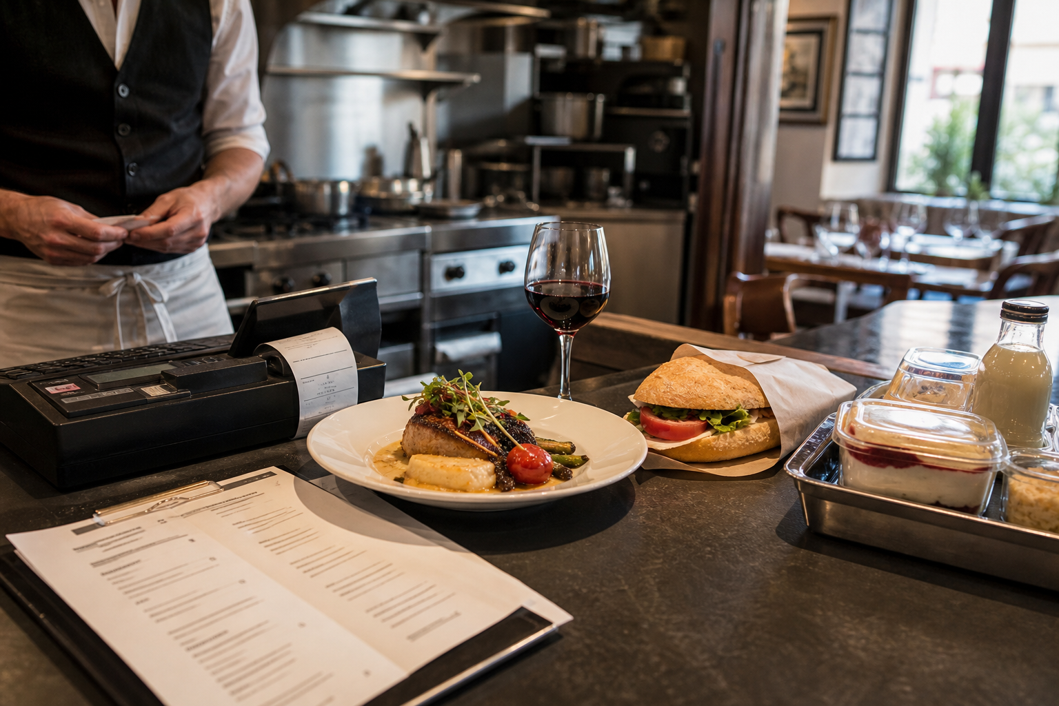 Scène photo-réaliste de restauration en France avec plat, verre de vin, sandwich à emporter et produits conditionnés, illustrant les différents taux de TVA.