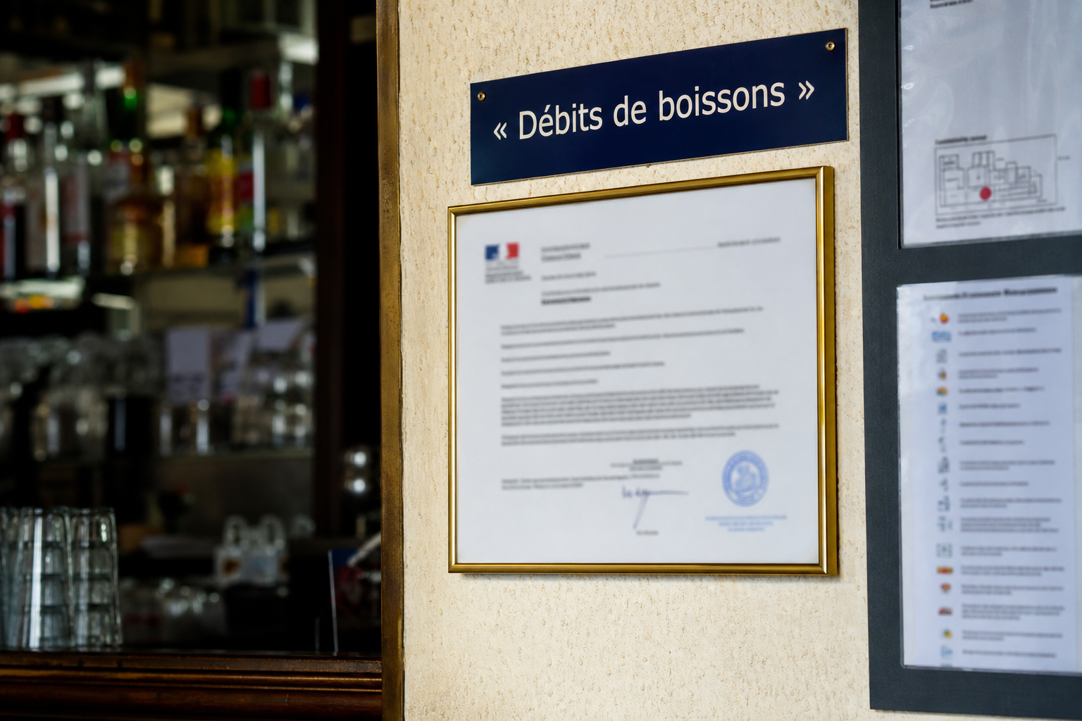 Gros plan sur un affichage réglementaire de débit de boissons dans un établissement à Strasbourg, avec bar flou en arrière-plan.