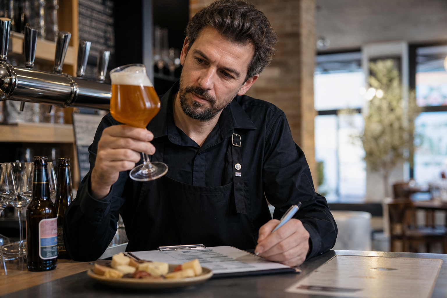 Biérologue en dégustation professionnelle dans un bar français, avec comptoir, tireuse à bière et verrerie CHR en arrière-plan
