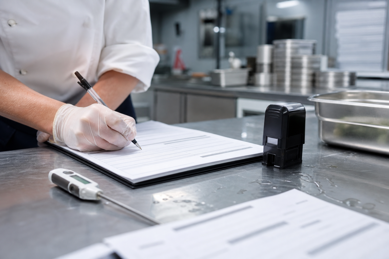 Gros plan d’une cuisine professionnelle avec mains gantées remplissant un registre d’hygiène à côté d’un thermomètre sonde en inox
