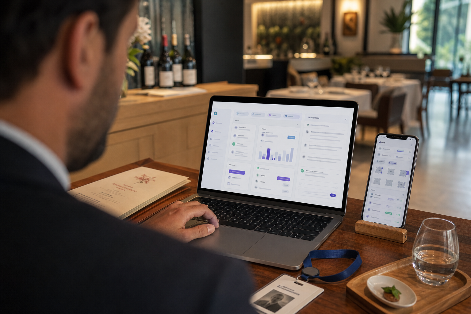Manager CHR consultant une interface IA sur ordinateur portable dans un restaurant, avec menu, badge et ambiance de salle en arrière-plan
