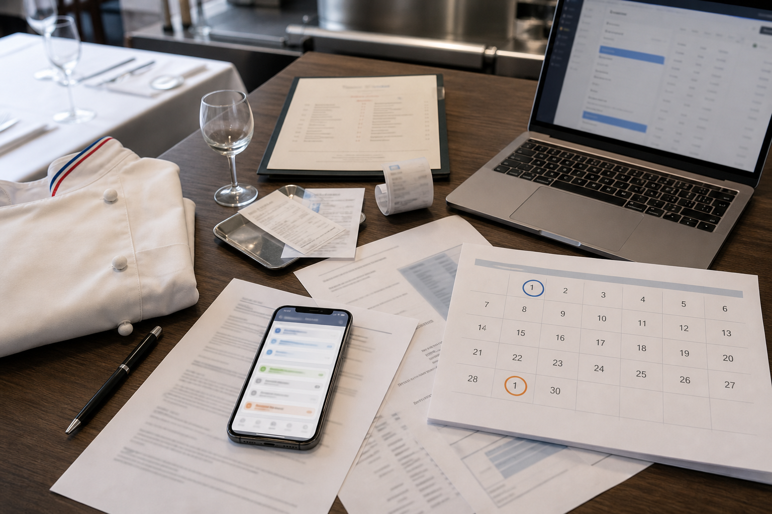 Vue plongeante d’un bureau CHR avec documents administratifs, calendrier de réforme, ordinateur, smartphone et éléments de cuisine et de salle évoquant la facturation électronique et la conformité NF525.