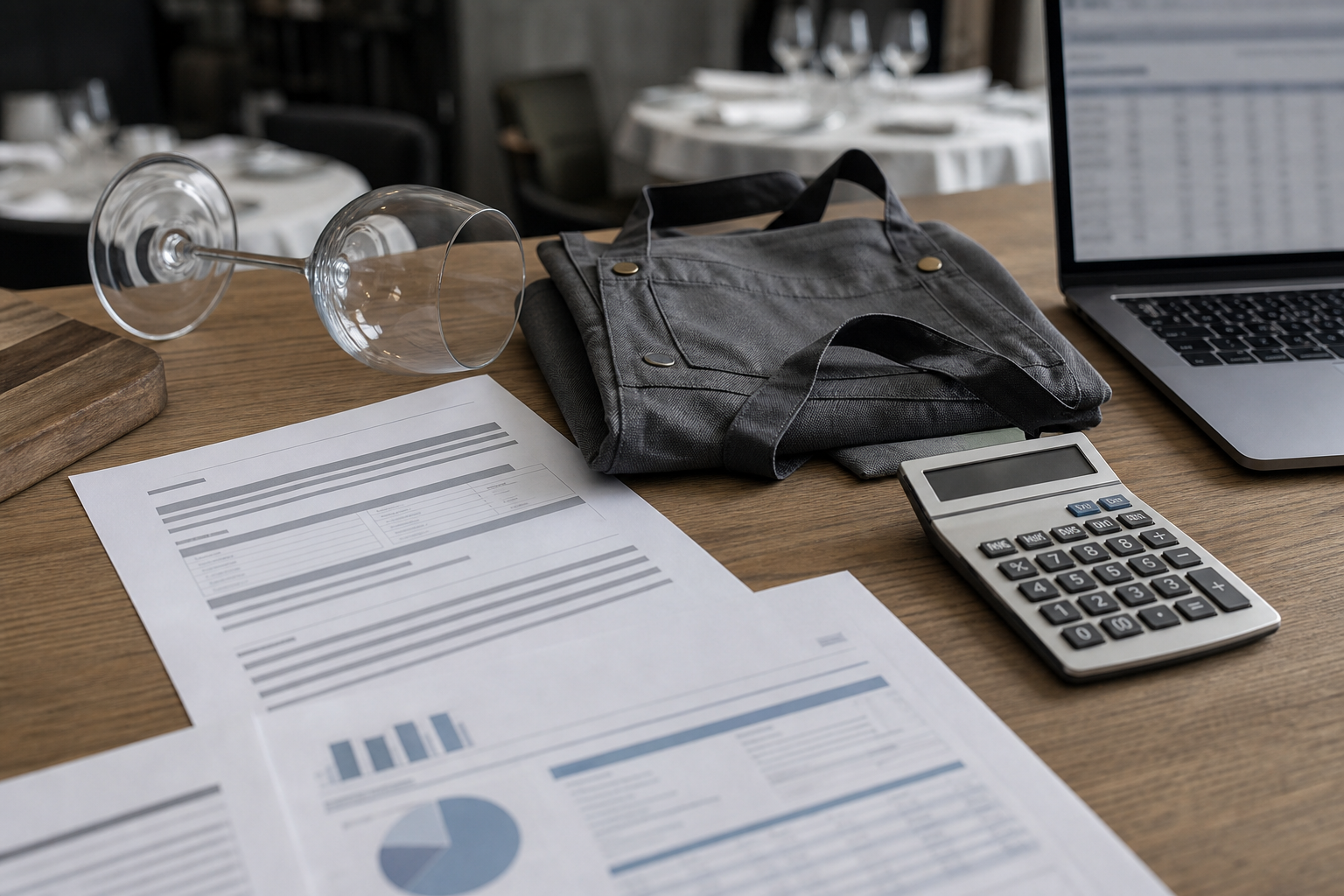 Vue plongeante d’un bureau CHR avec documents de financement, calculatrice, tablier de service et verre de vin, illustrant la baisse des NPEC apprentissage et le reste à charge employeur.