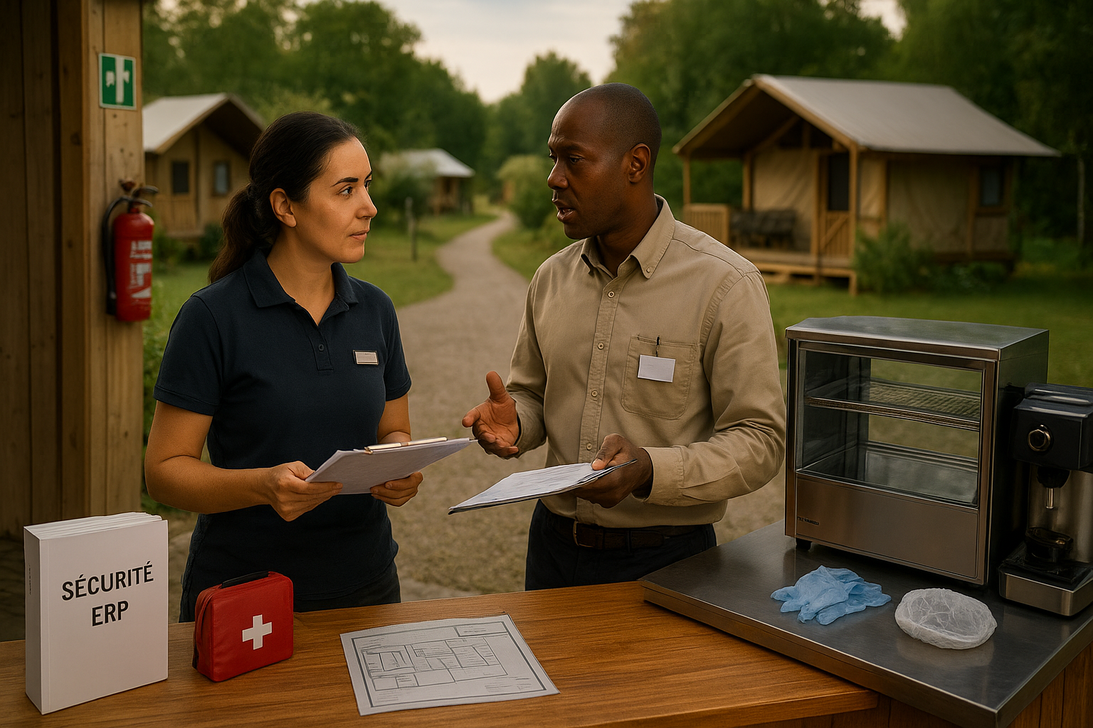 Gérante et formateur CHR préparant l’ouverture d’un camping glamping en France, avec dossier de conformité ERP, registre de sécurité et coin snacking professionnel évoquant hygiène alimentaire et réglementation alcool
