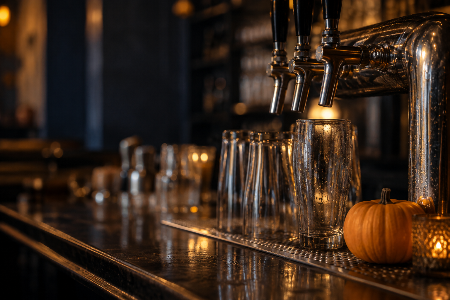 Tireuses à bière et verres sur un comptoir de bar, avec une petite citrouille évoquant une soirée d’Halloween.