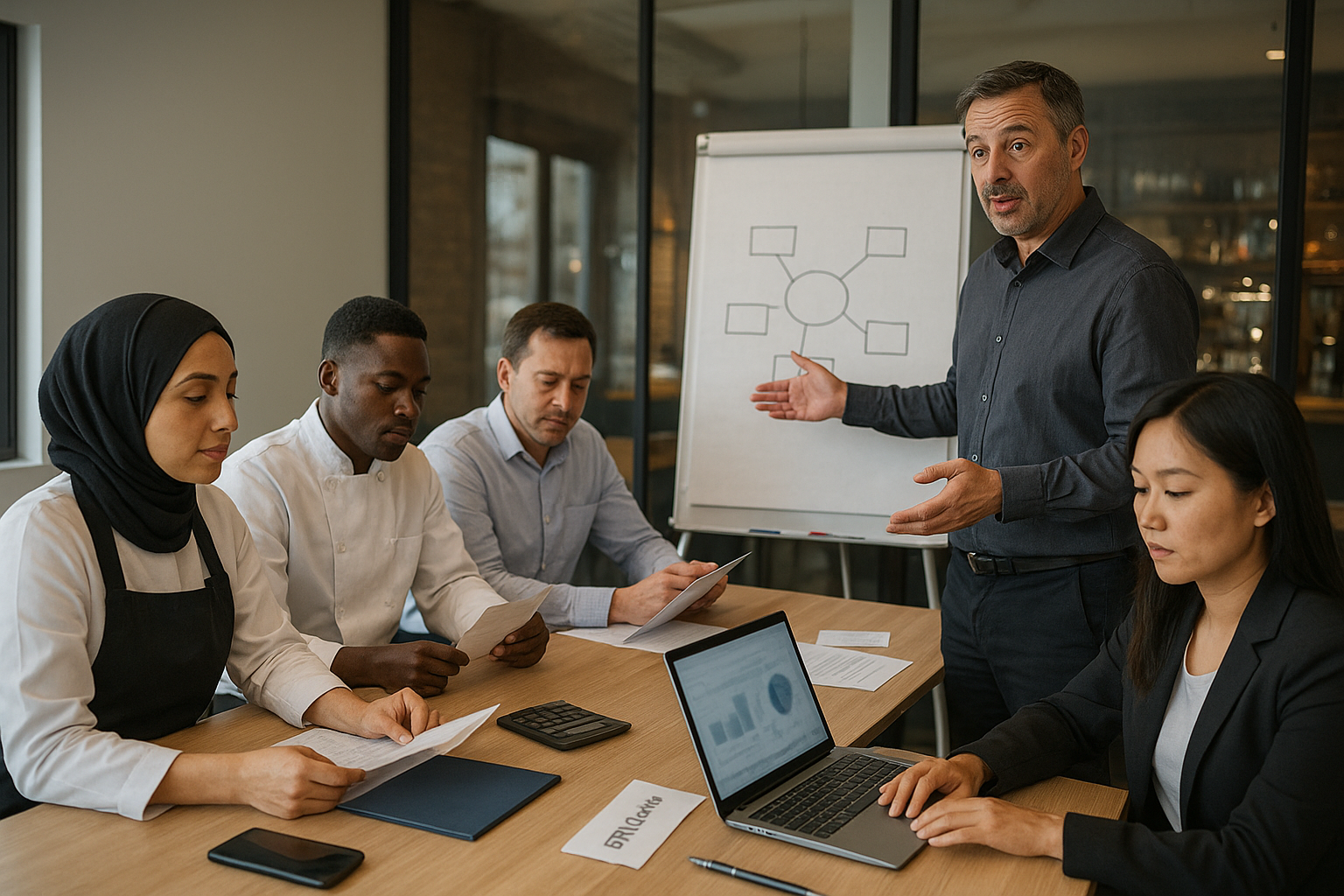 Scène de formation professionnelle CHR en France : formateur et apprenants (serveuse, commis de cuisine, gérant, réceptionniste) autour de dossiers et d’un ordinateur, illustrant le financement de la formation selon le statut.