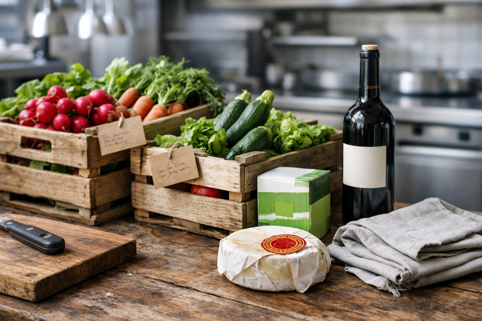 Crates de légumes de saison, produits bio et éléments de traçabilité sur une table de préparation de restaurant, avec cuisine professionnelle floue en arrière-plan