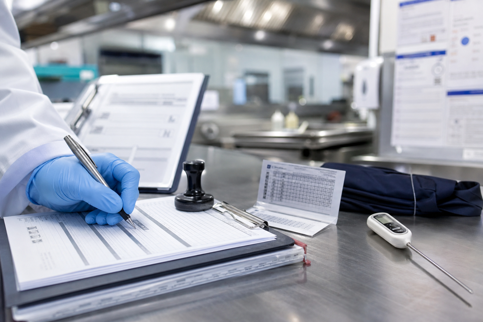 Main gantée cochant un registre de conformité dans une cuisine professionnelle, avec thermomètre sonde et documents de contrôle CHR flous en arrière-plan