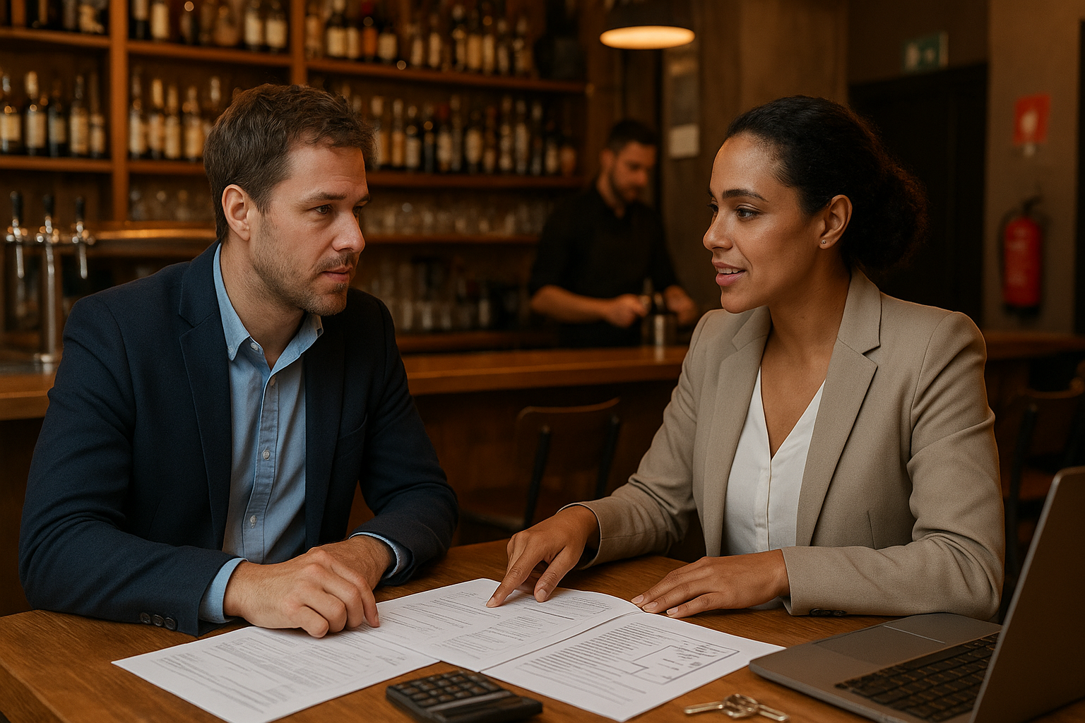 Futur exploitant échange avec une conseillère autour des démarches pour ouvrir un bar, dans un bar professionnel français, avec comptoir, tireuses et documents administratifs.