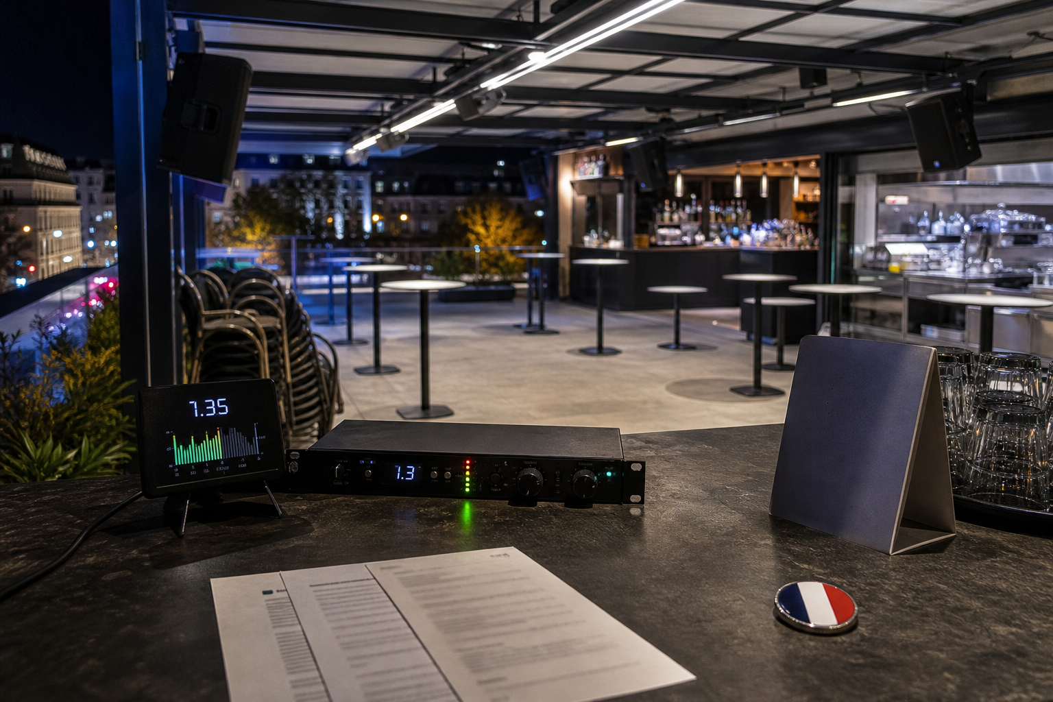 Terrasse de bar-restaurant français avec matériel de sonorisation visible et ambiance nocturne, illustrant la réglementation sur les nuisances sonores et la musique amplifiée.