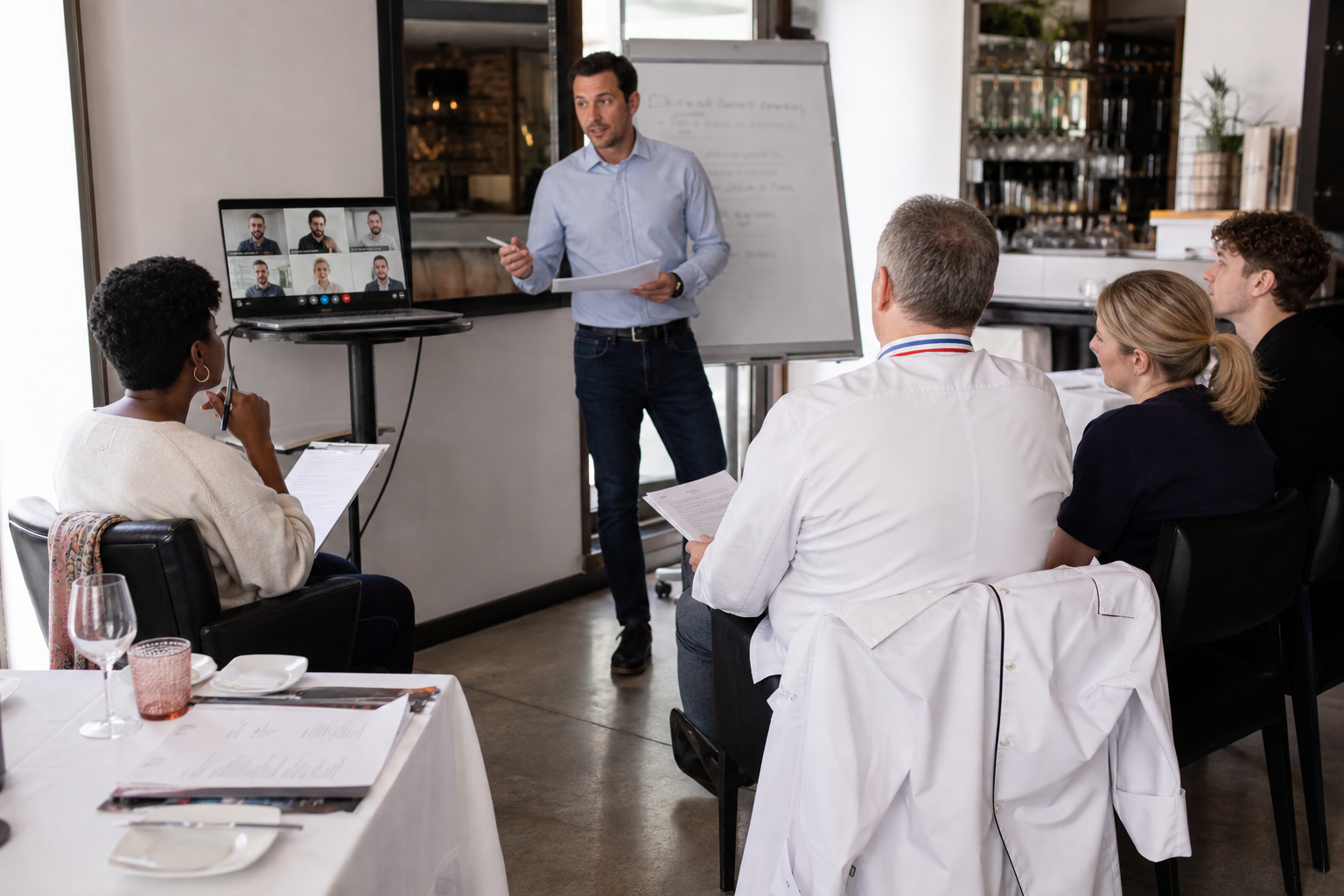 Formation permis d’exploitation en visio et en présentiel dans une salle de formation CHR en France, avec formateur, stagiaires et écran de visioconférence en direct
