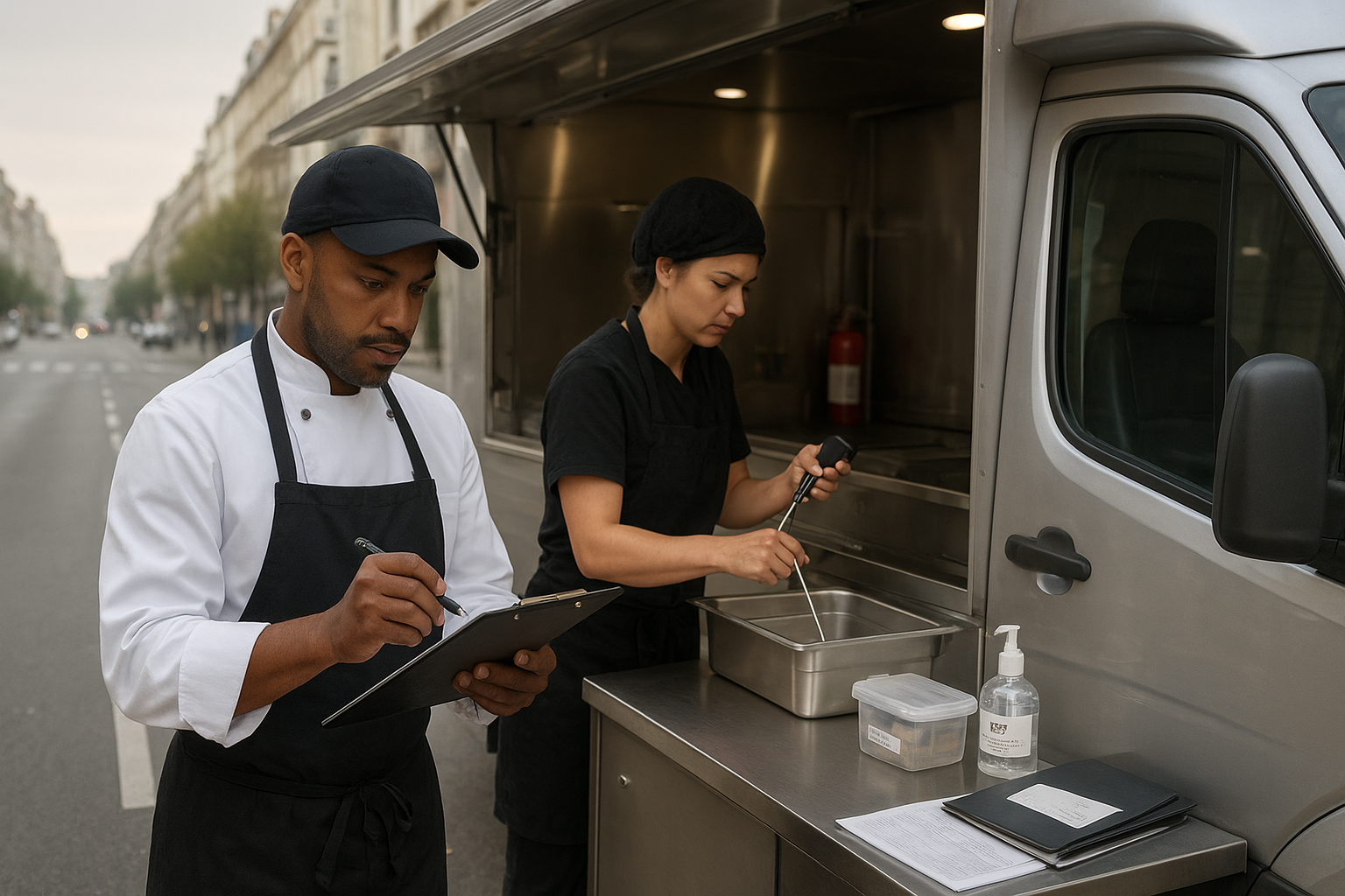 Deux professionnels CHR préparent un food truck en ville et vérifient les contrôles d’hygiène et documents réglementaires avant l’ouverture