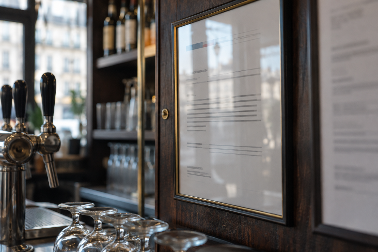 Document administratif encadré derrière un comptoir de bar, avec une tireuse et des verres en arrière-plan flou.