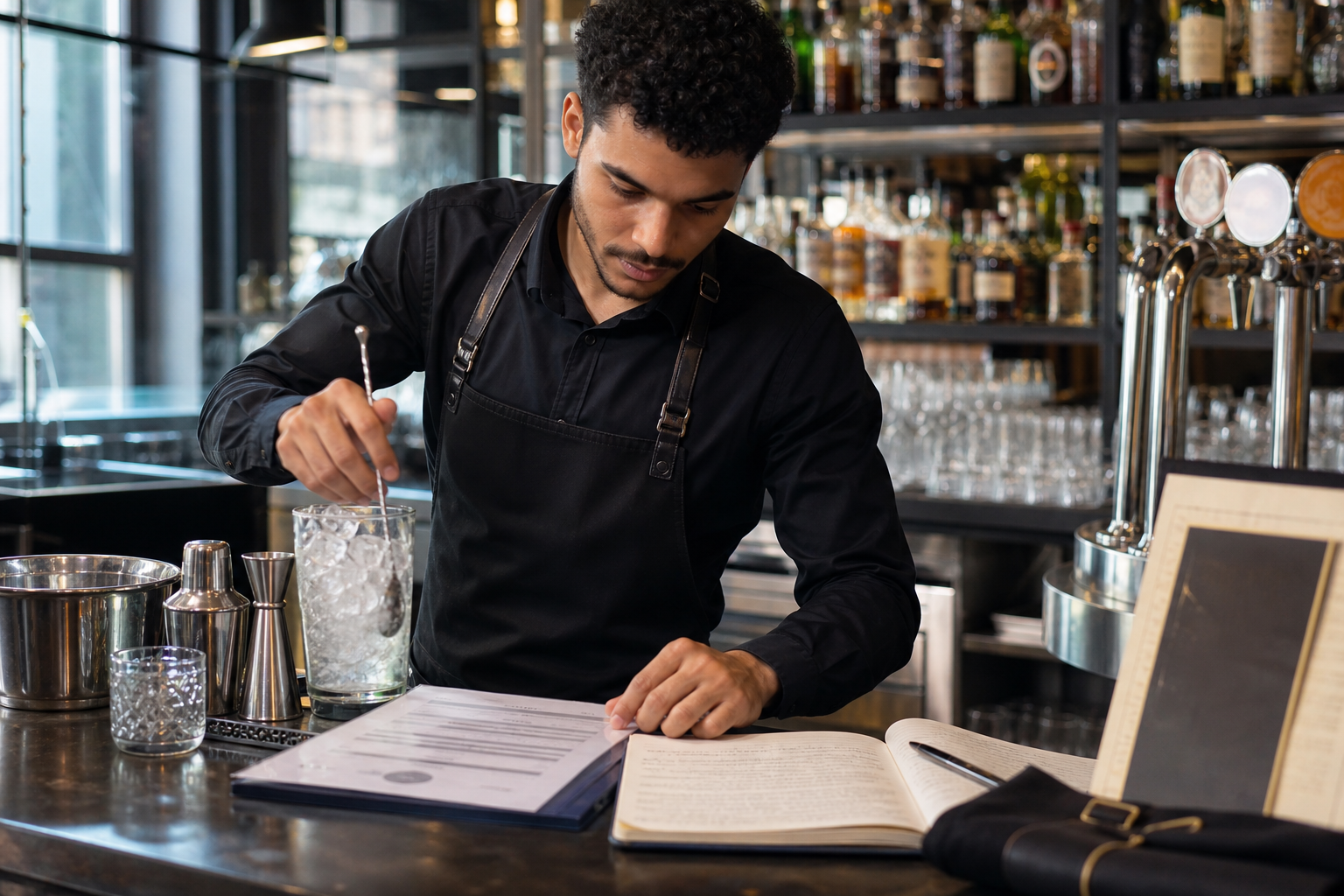 Un barman en formation prépare un cocktail derrière un comptoir de bar professionnel, avec un dossier de formation et du matériel CHR visibles en arrière-plan.