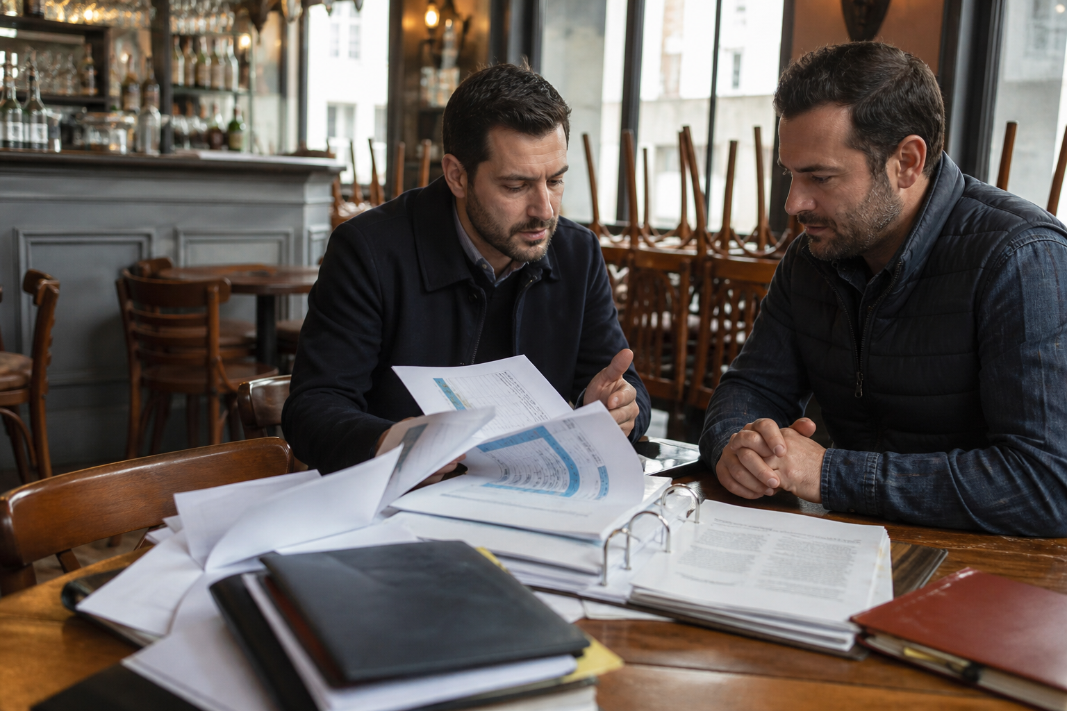 Un repreneur de brasserie échange avec un responsable sur des documents de reprise et d’exploitation avant l’ouverture.