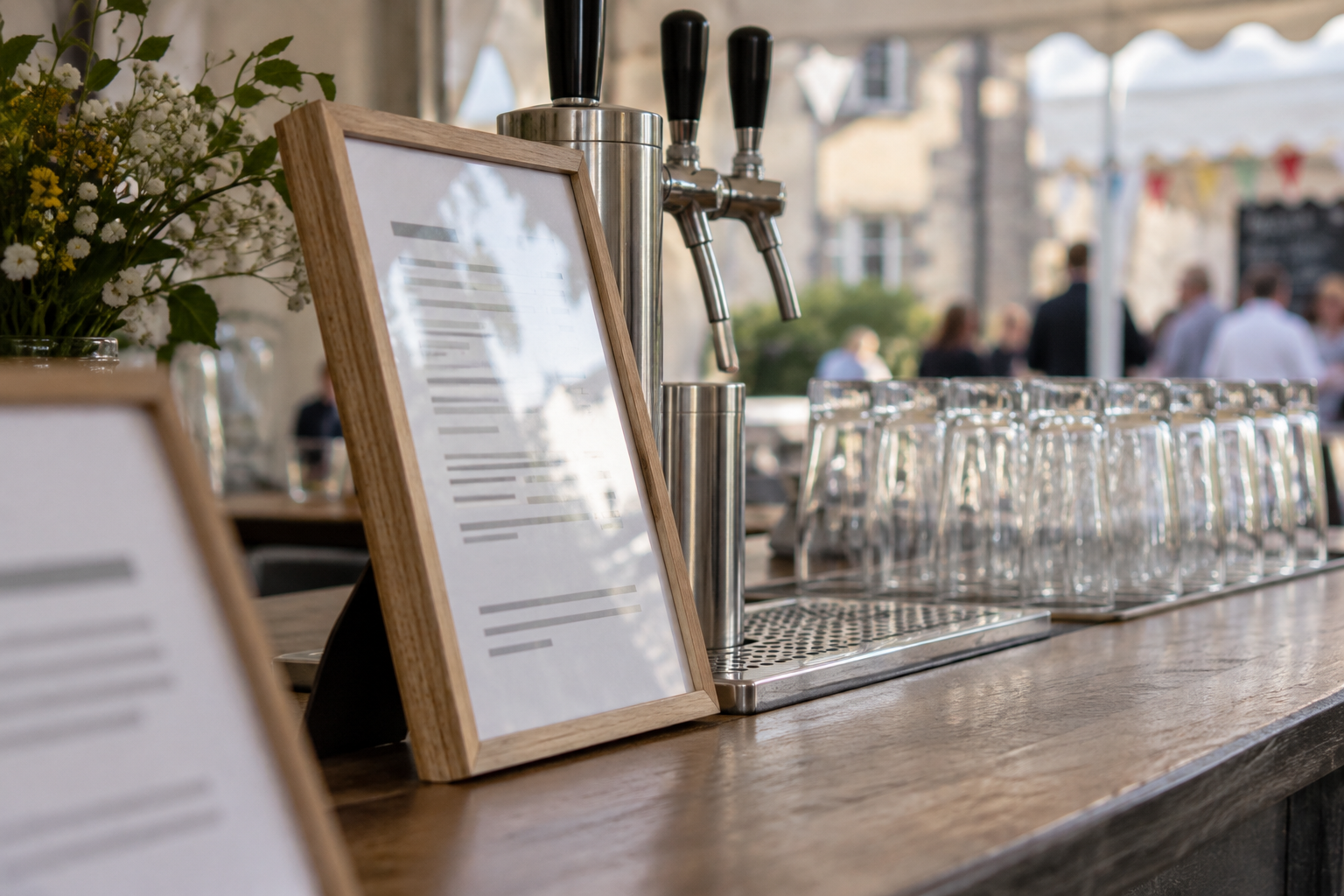 Document encadré sur un comptoir de buvette temporaire, avec une tireuse et des verres dans un espace événementiel.