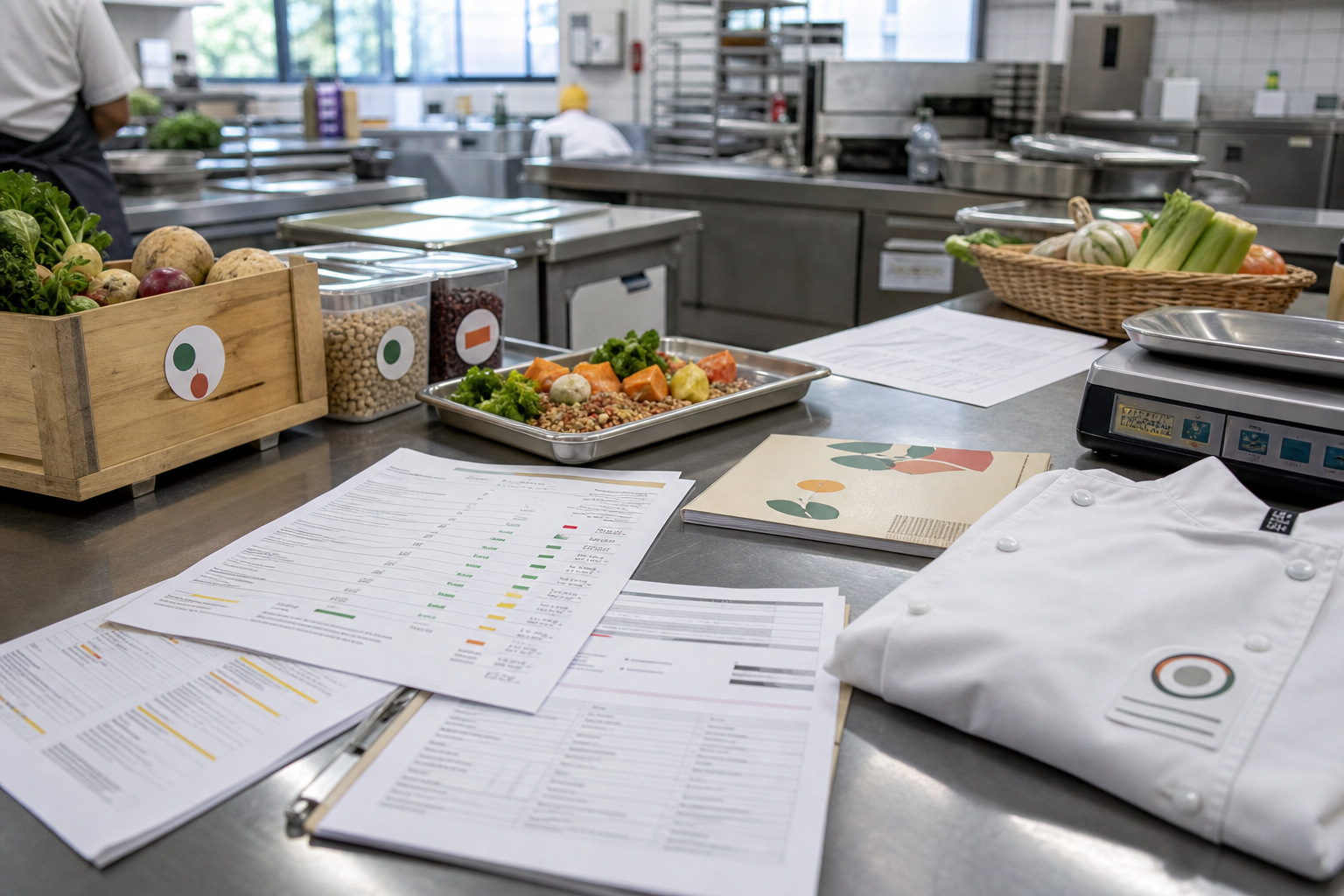 Cuisine collective professionnelle avec documents de pilotage des achats EGAlim, légumes de saison et préparation végétarienne pour illustrer la conformité et la maîtrise du budget.