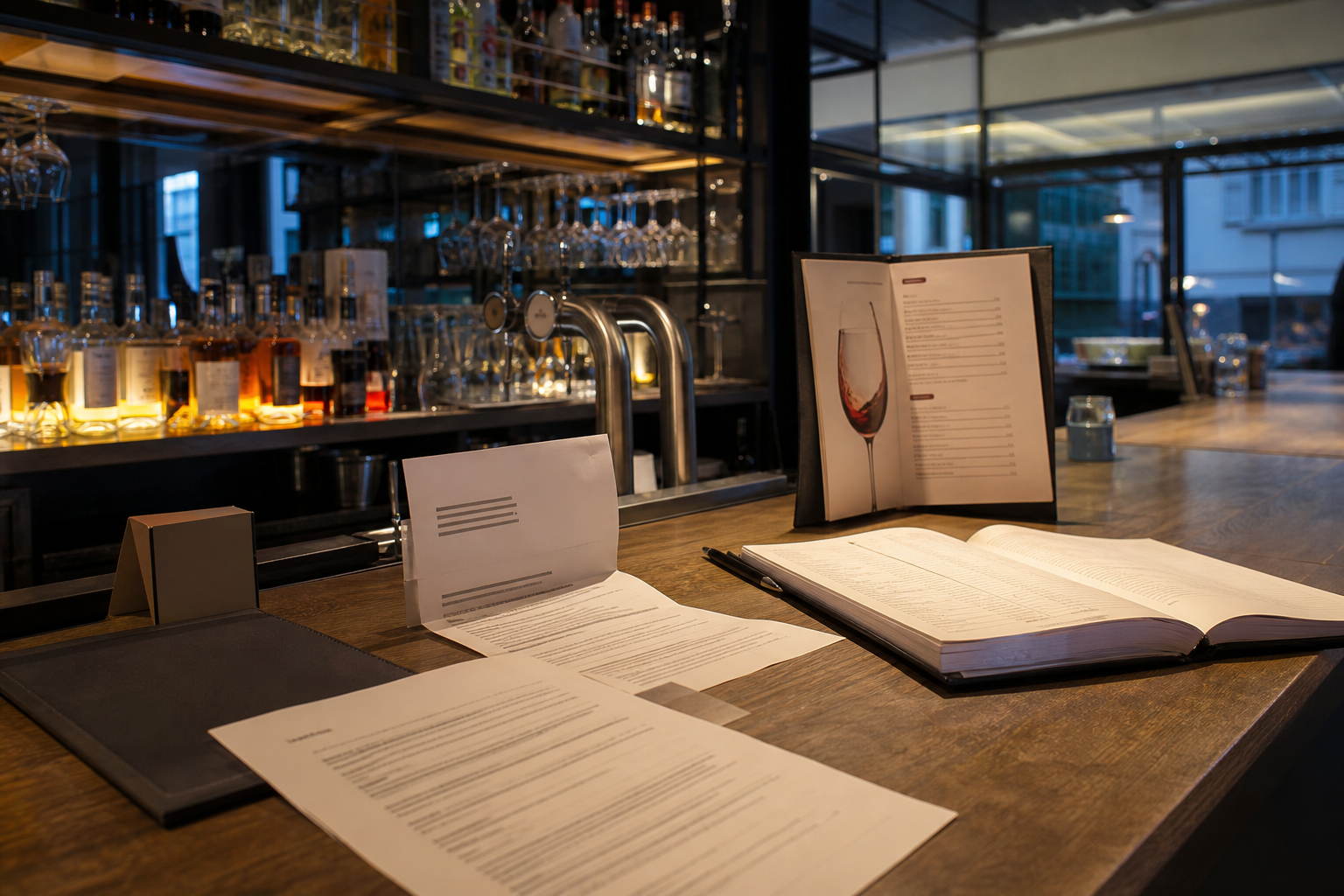 Comptoir de bar français avec documents administratifs flous, bouteilles et verrerie, illustrant le PVBAN et le permis d’exploitation pour la vente d’alcool la nuit.