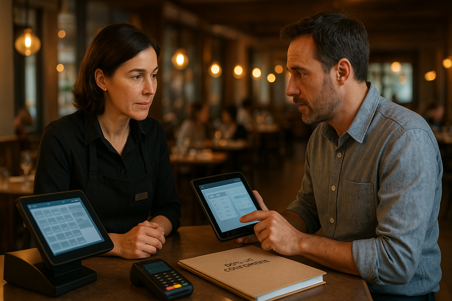 Gérante de restaurant vérifiant la conformité d’un logiciel de caisse avec un technicien au comptoir, caisse tactile et ticket de caisse, ambiance de salle française en arrière-plan.