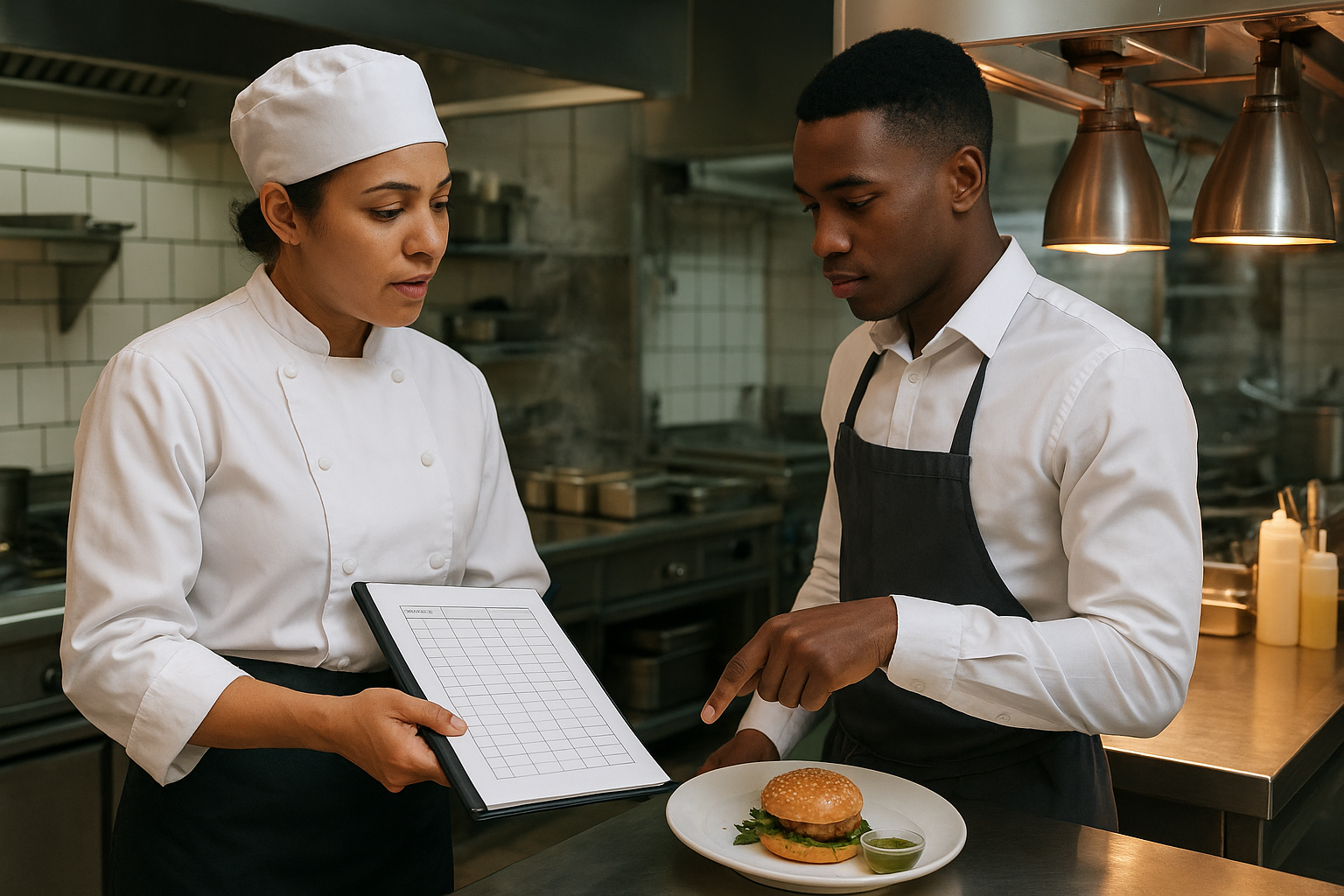 Chef en cuisine professionnelle vérifiant un registre allergènes avec un serveur au passe-plat dans un restaurant, pour illustrer les obligations d’affichage et de traçabilité des allergènes en 2026.