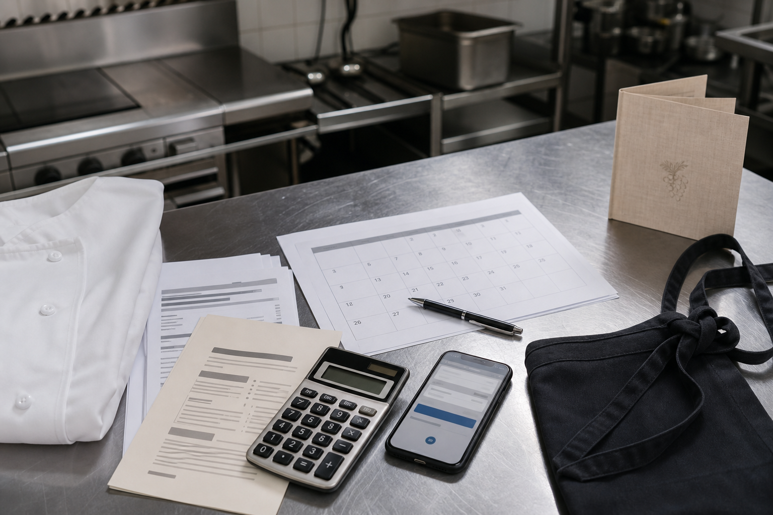 Vue plongeante d’un plan de travail inox en cuisine professionnelle avec documents, calculatrice et accessoires CHR pour illustrer le prix du permis d’exploitation 2026 et la comparaison des formats.