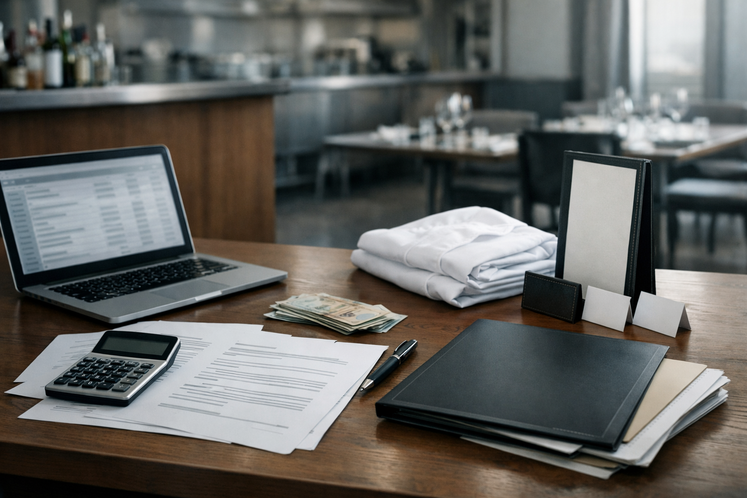 Scène éditoriale d’ouverture de restaurant en franchise avec documents contractuels, ordinateur, calculatrice, toque de chef et décor CHR en arrière-plan