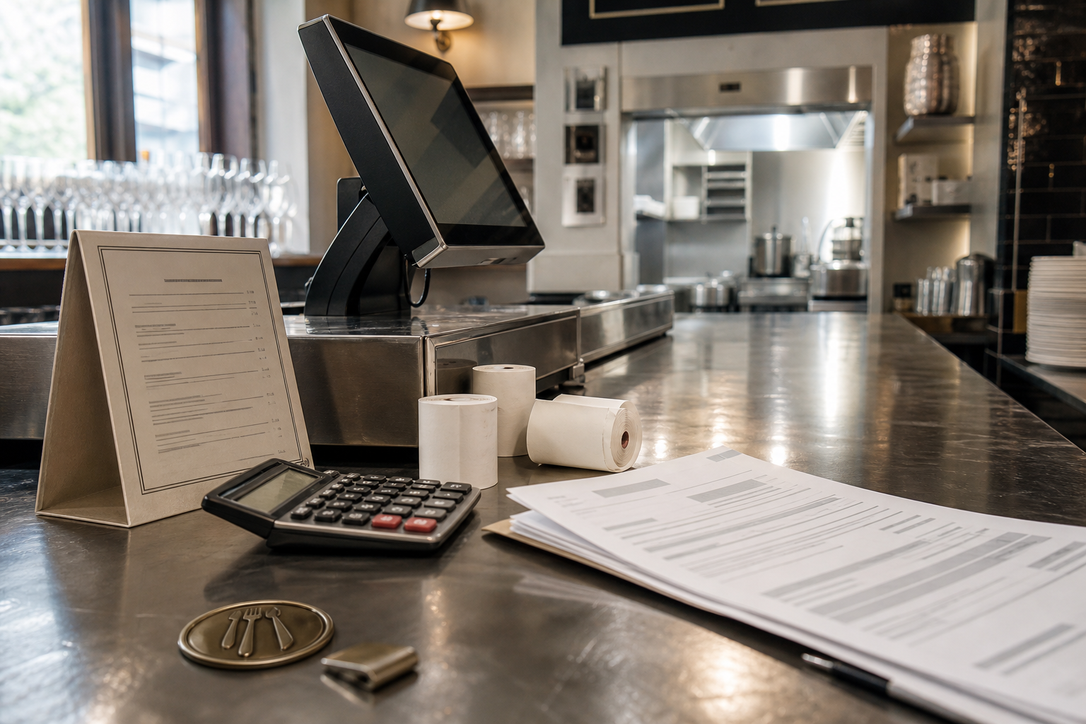 Comptoir de restaurant français avant service avec caisse, calculatrice, menu plié et cuisine inox en arrière-plan pour illustrer les titres-restaurant en 2026.