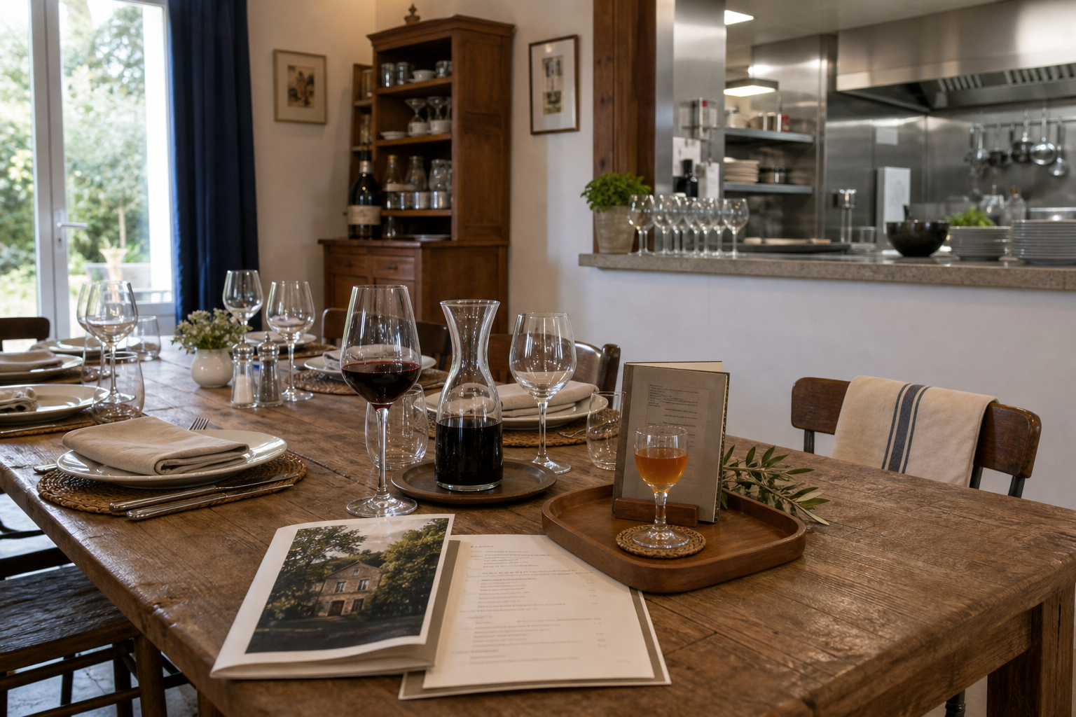 Table d’hôtes en chambre d’hôtes avec verre de vin, pot d’accueil et cuisine professionnelle en arrière-plan, ambiance éditoriale réaliste.