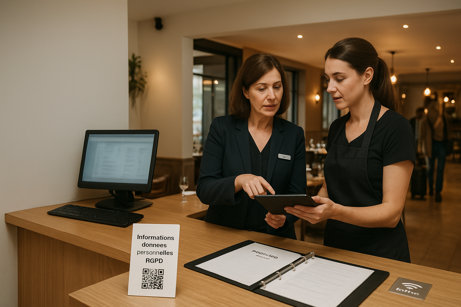 Réception d’un hôtel-restaurant en France avec équipe professionnelle, registre des traitements et affichage RGPD (QR code), illustrant la conformité données clients en CHR