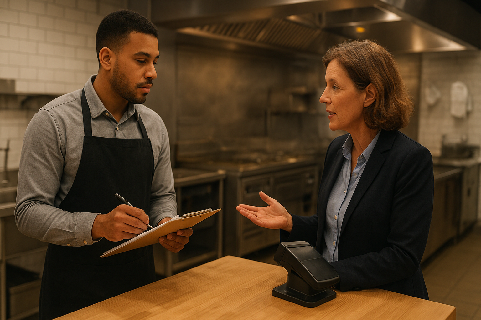 Futur gérant de snack échangeant avec un formateur CHR devant une cuisine professionnelle ouverte, avec checklist de conformité, hygiène et caisse au comptoir (format header 16:9)