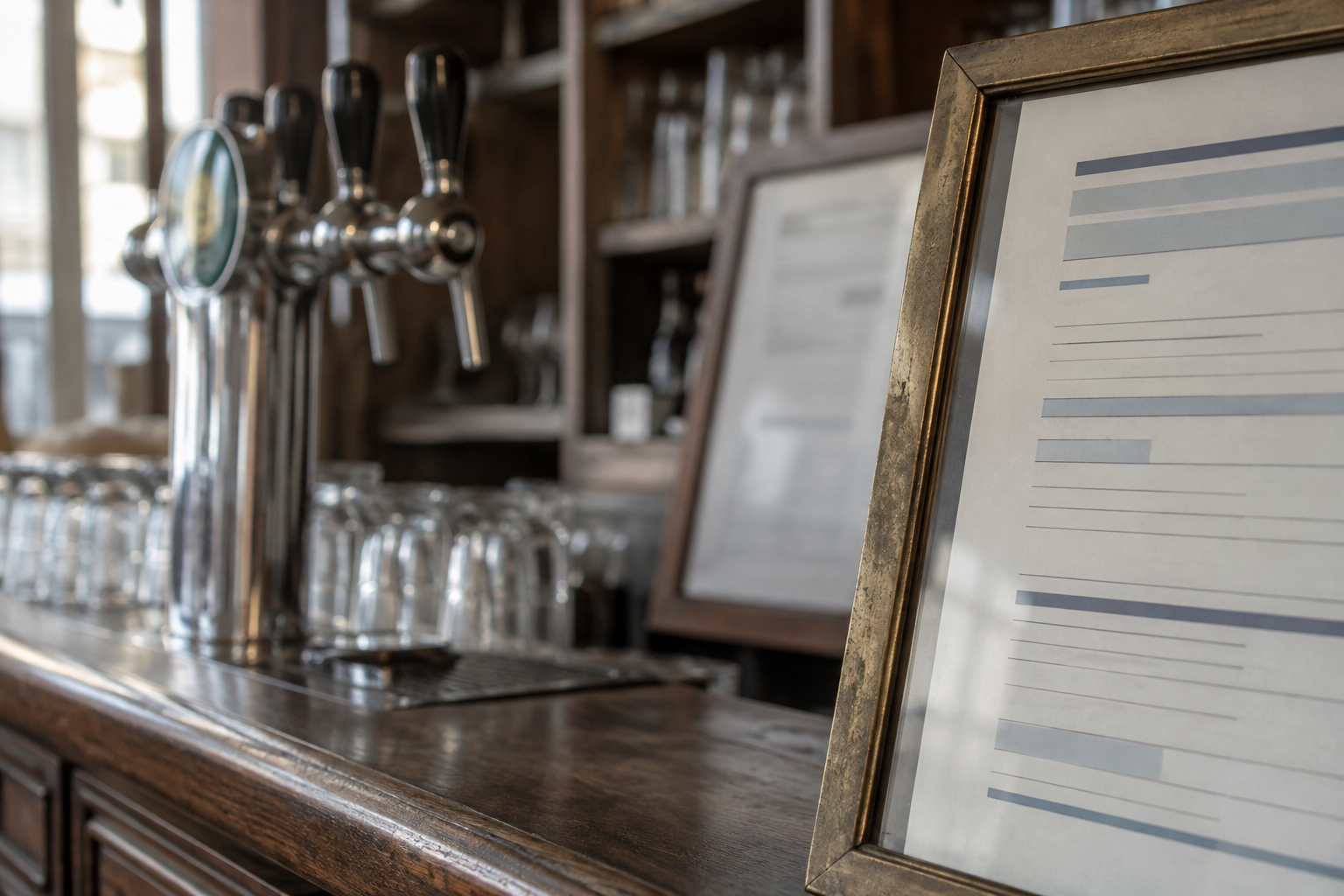 Document administratif encadré derrière un comptoir de bar, avec une tireuse et des verres à l’arrière-plan.