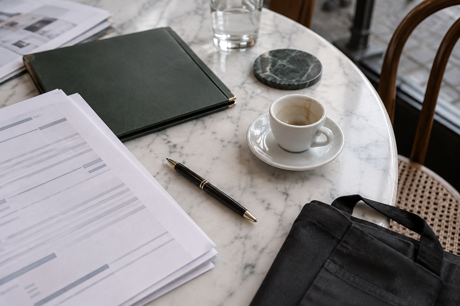 Dossier de demandes municipales, stylo et tasse à expresso sur une table de bistrot en marbre, avec un tablier plié.