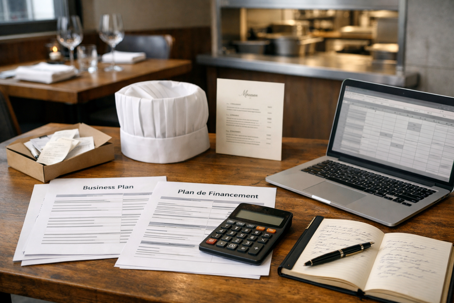 Photo éditoriale d’un bureau CHR avec documents, calculatrice, toque de chef et aperçu d’une cuisine professionnelle pour illustrer un business plan restaurant, bar ou hôtel.