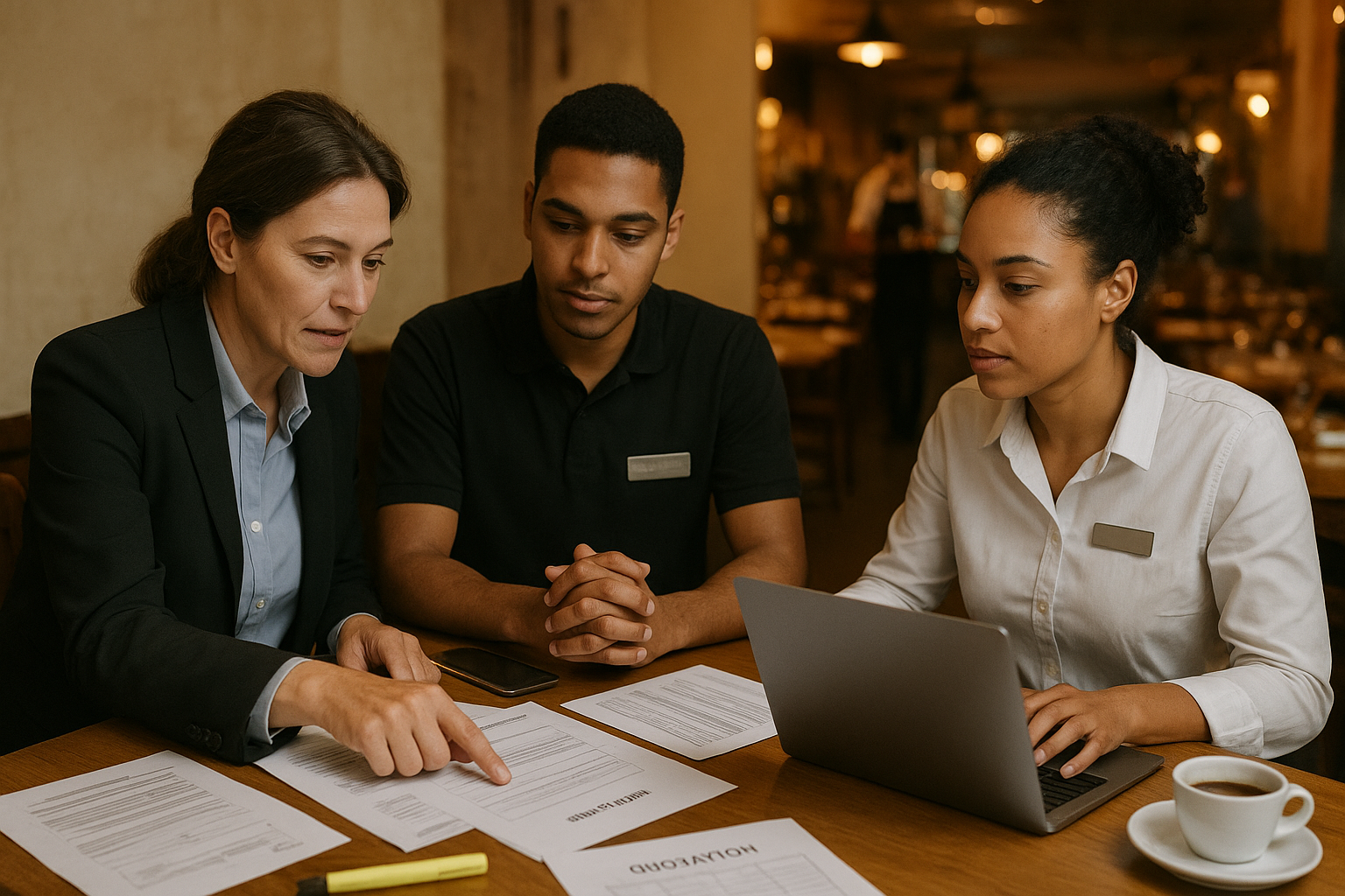 Réunion dans le bureau d’un restaurant : gérant et salariés consultent un dossier de formation et un ordinateur, illustrant une demande de prise en charge AKTO (OPCO CHR).