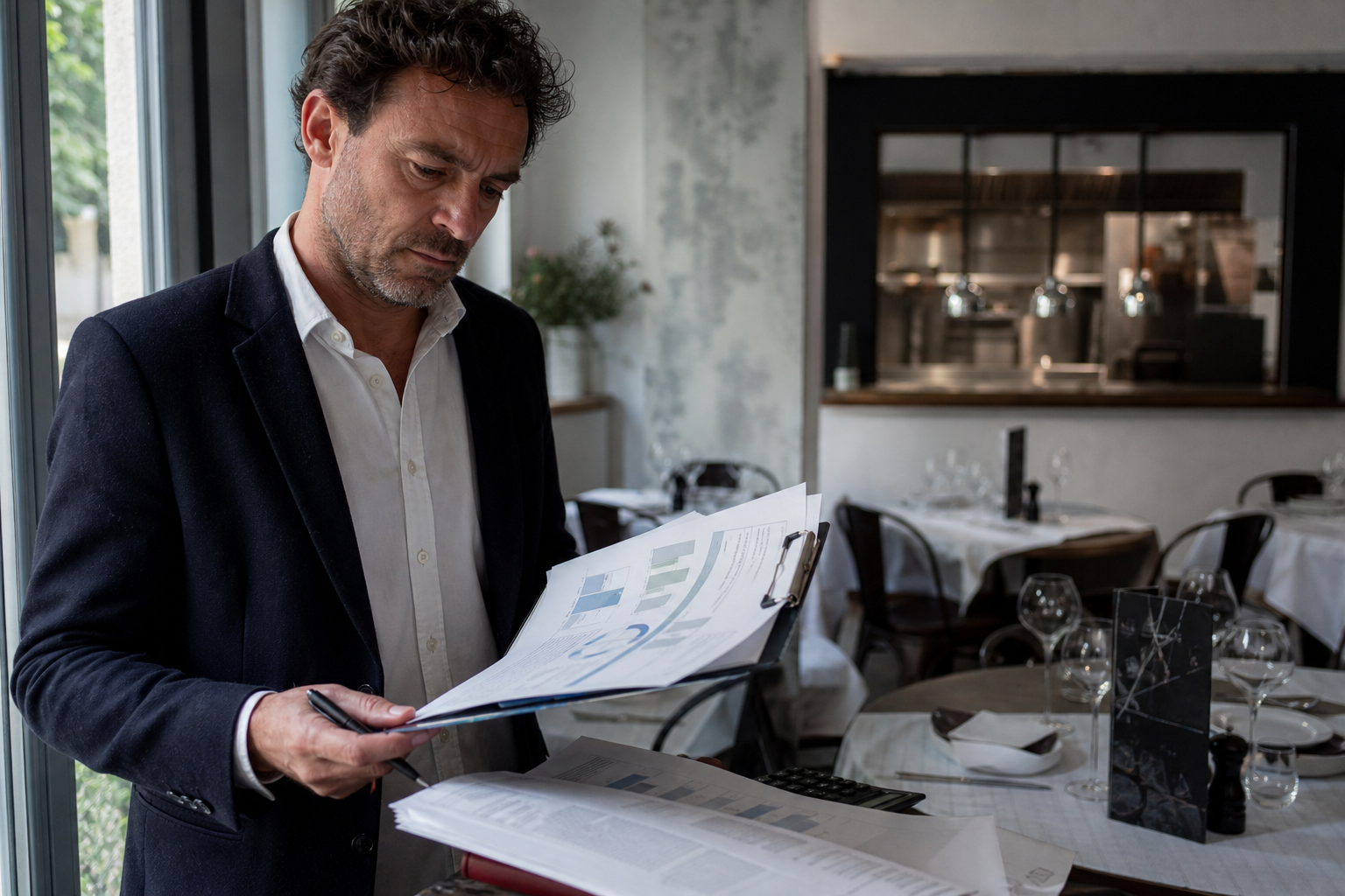 Restaurant français en difficulté financière : un gérant consulte des documents de trésorerie avant service, avec salle dressée et cuisine inox en arrière-plan.